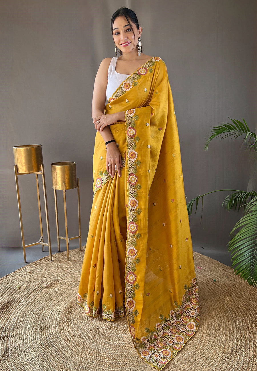 Buy MySilkLove Golden Grass Yellow Embroidered Tussar Silk Saree Online