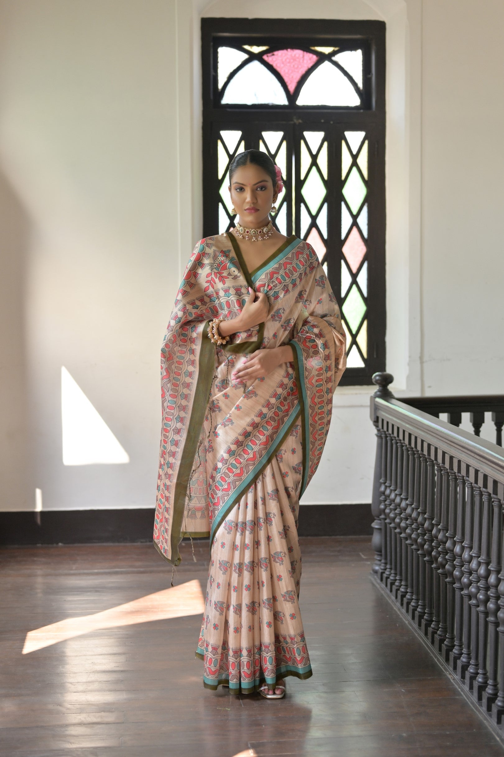 Buy MySilkLove Akaroa Cream and Green Madhubani Printed Tussar Silk Saree Online