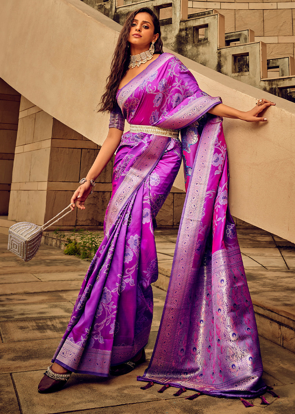 Buy MySilkLove Seance Purple Zari Woven Banarasi Handloom Silk Saree Online
