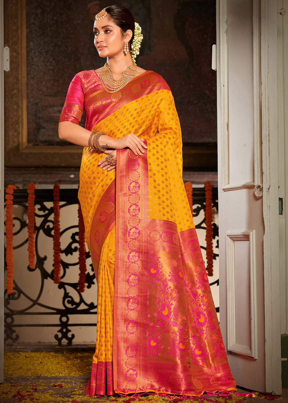 Buy MySilkLove Buttercup Yellow and Red Woven Banarasi Silk Saree Online