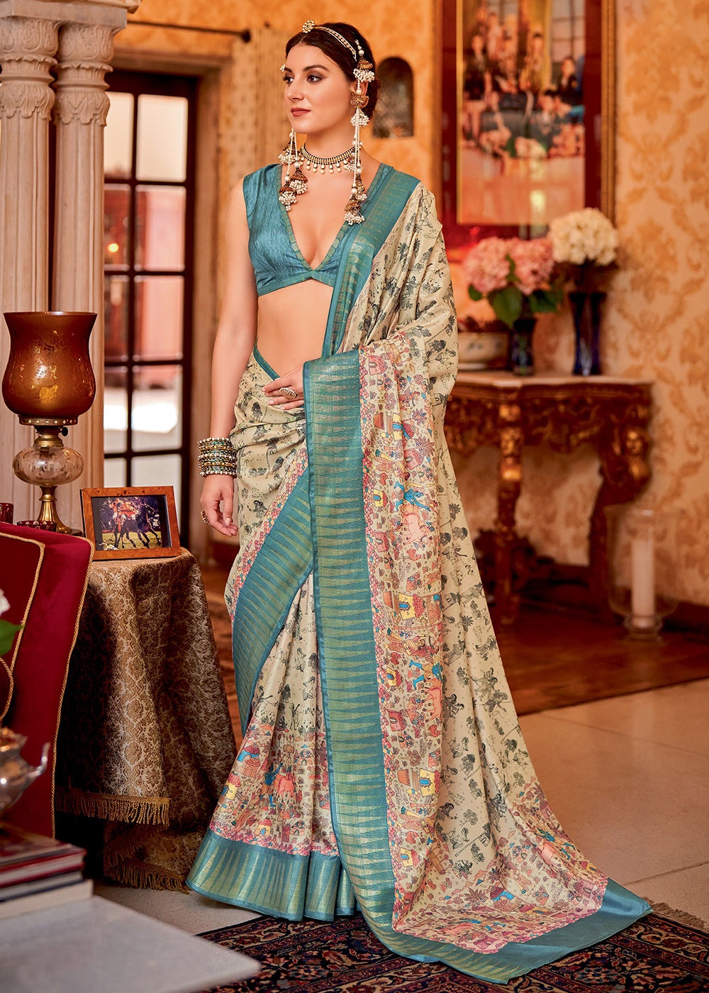 Buy MySilkLove Orleans Cream and Blue Manipuri Temple Printed Silk Saree Online