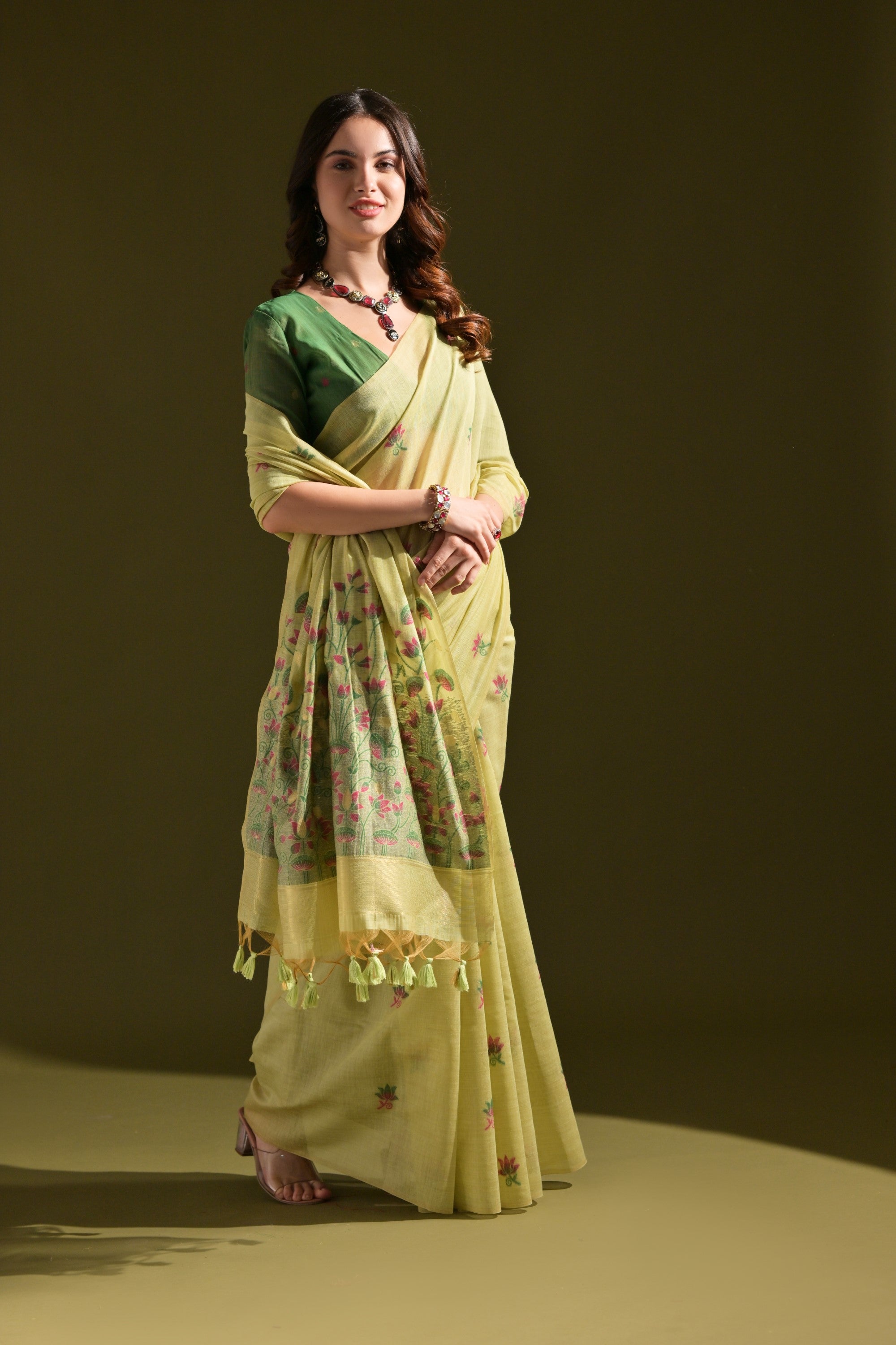 Buy MySilkLove Driftwood Green Meenakari Woven Muga Cotton Saree Online