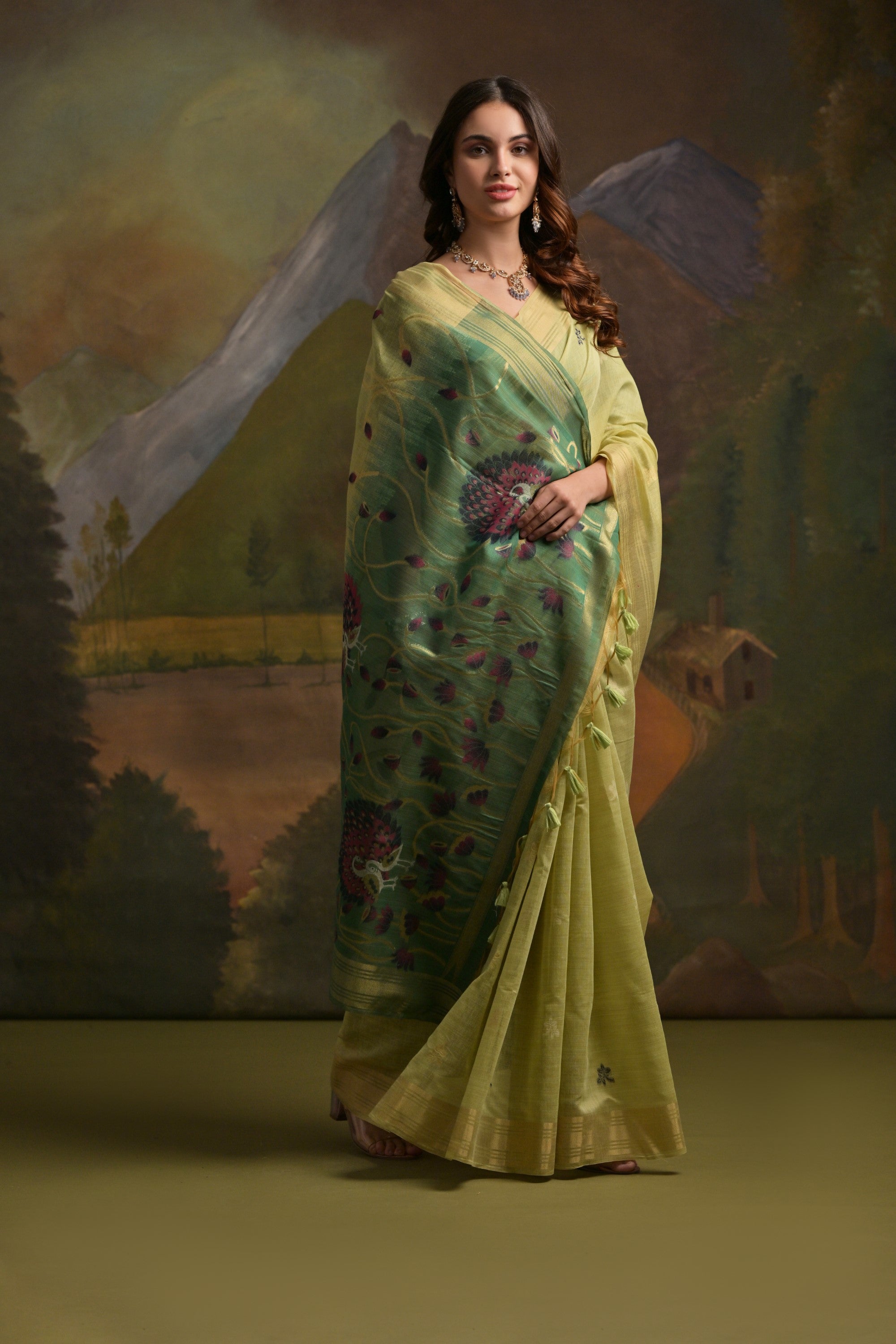 MySilkLove Kelly Green Pichwai Woven Muga Cotton Saree