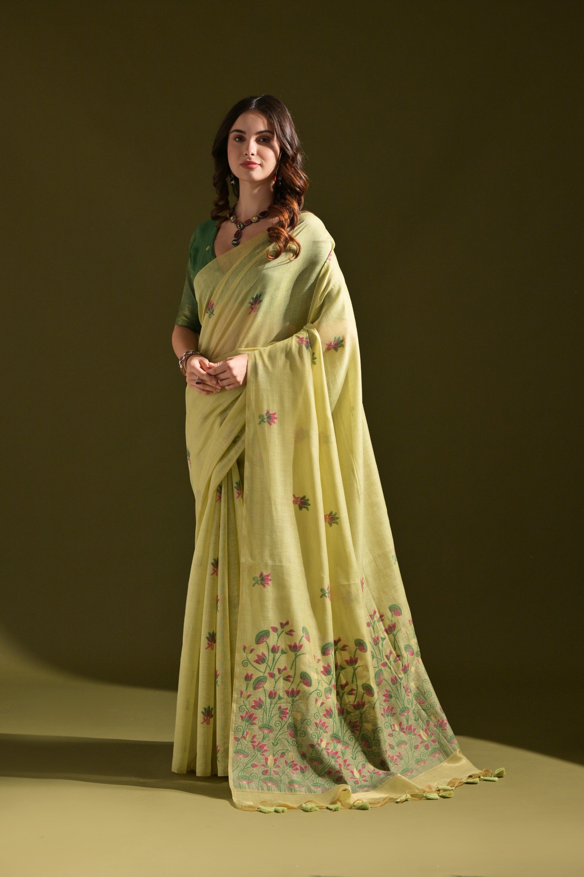 Buy MySilkLove Driftwood Green Meenakari Woven Muga Cotton Saree Online