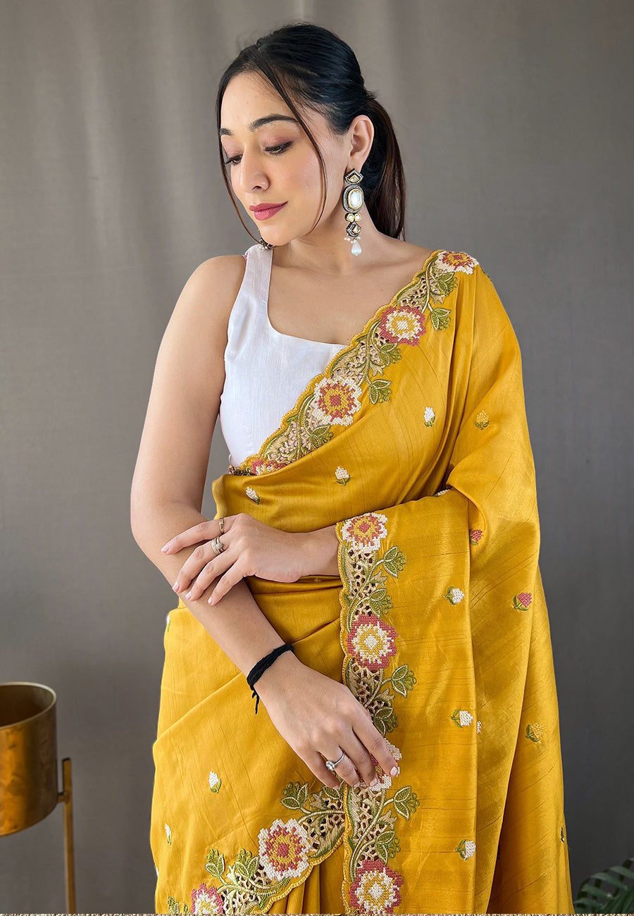 MySilkLove Golden Grass Yellow Embroidered Tussar Silk Saree
