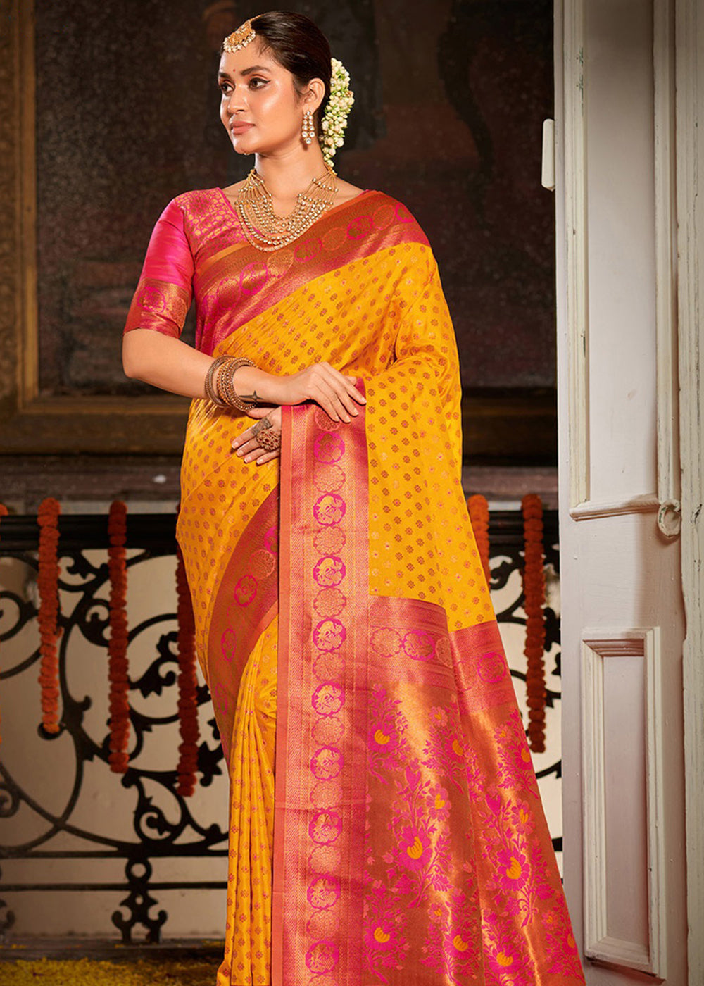 MySilkLove Buttercup Yellow and Red Woven Banarasi Silk Saree