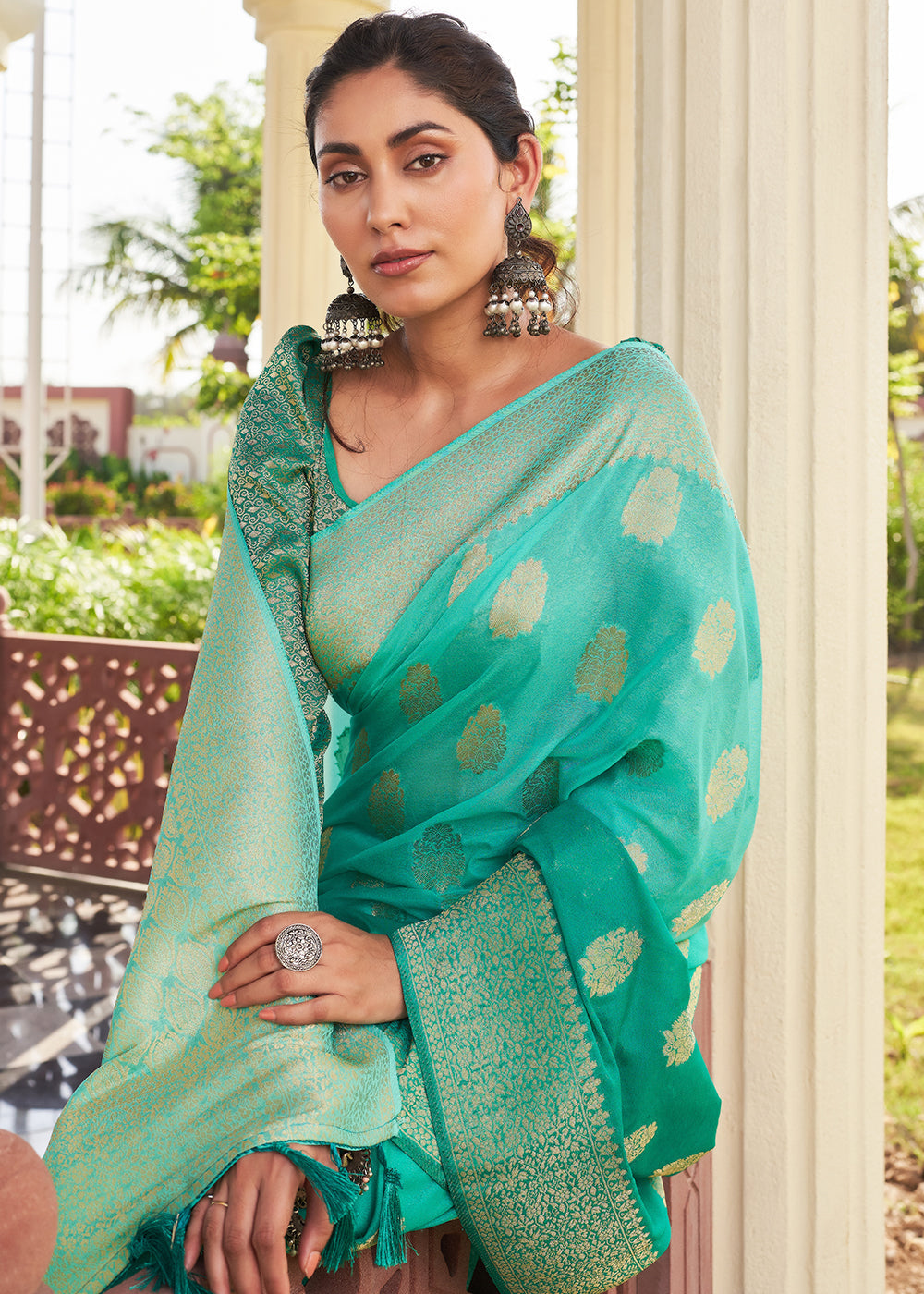 Buy MySilkLove Robins Egg Blue Zari Woven Georgette Saree Online