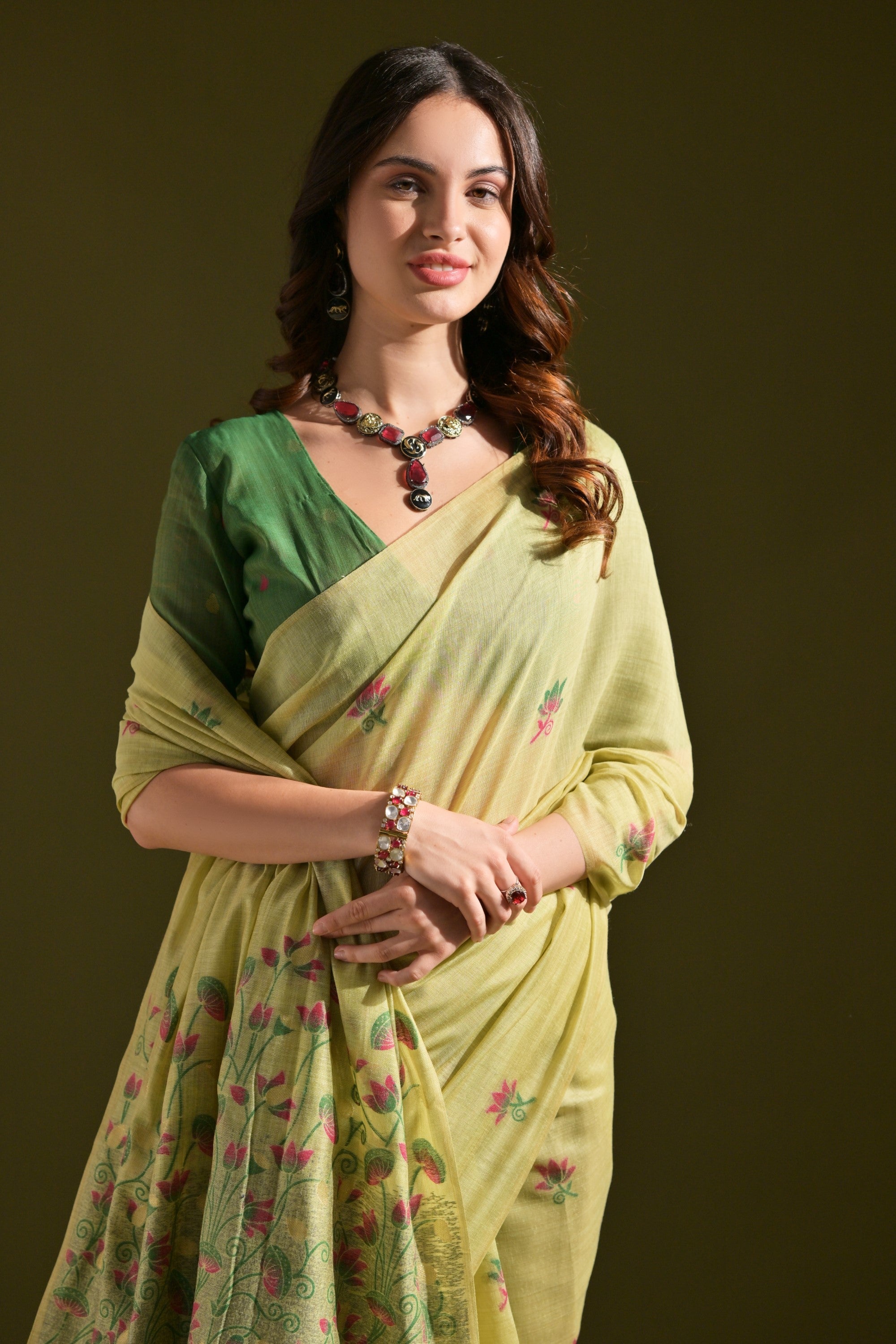 Buy MySilkLove Driftwood Green Meenakari Woven Muga Cotton Saree Online