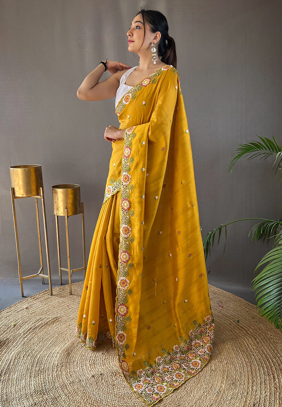 Buy MySilkLove Golden Grass Yellow Embroidered Tussar Silk Saree Online