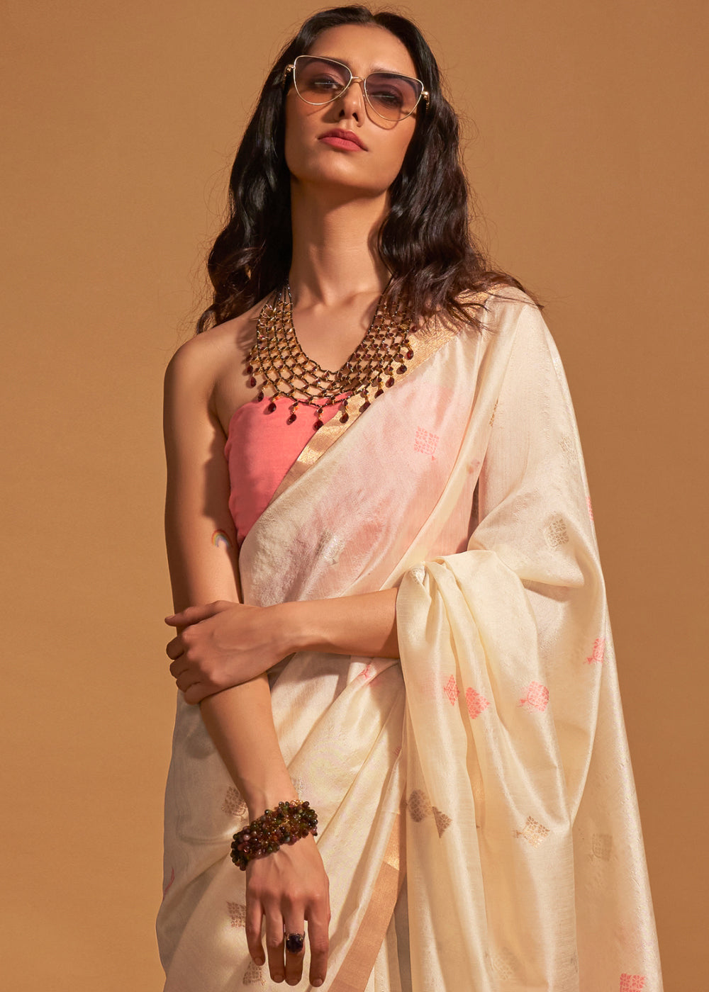 Buy MySilkLove Cashmere Cream Handloom Banarasi Silk Saree Online