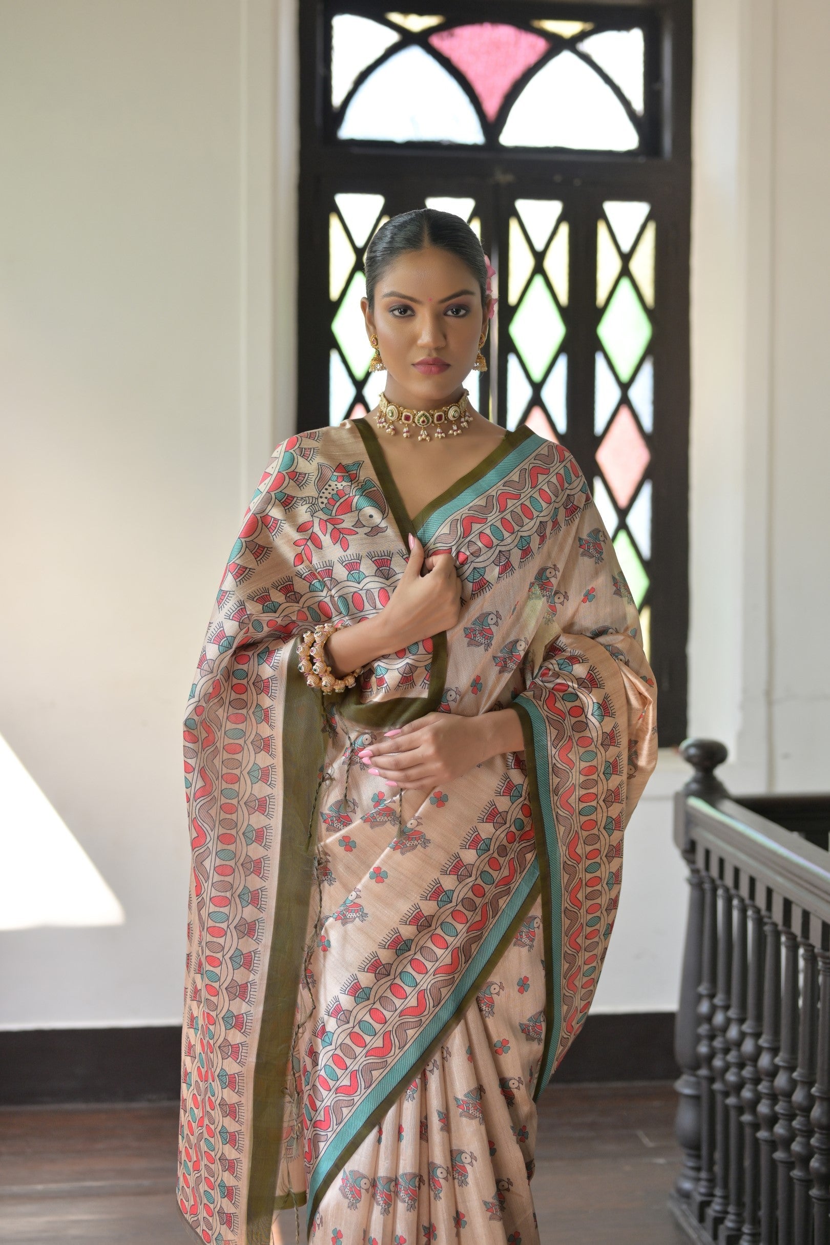 Buy MySilkLove Akaroa Cream and Green Madhubani Printed Tussar Silk Saree Online