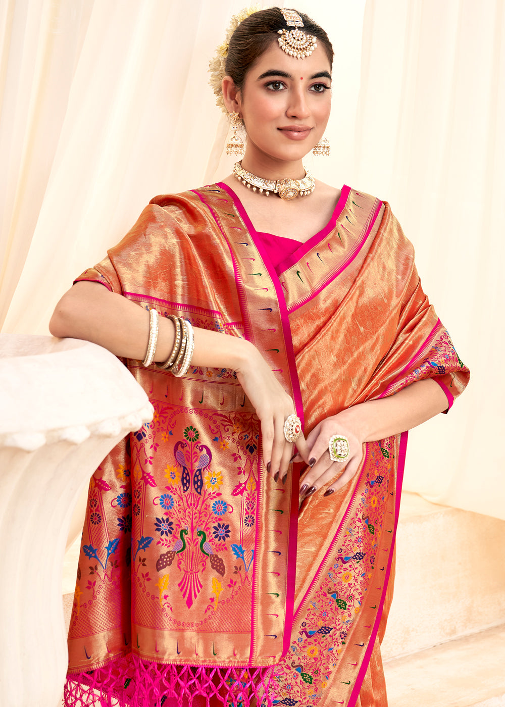 Buy MySilkLove Burnt Sienna Orange Woven Paithani Tissue Silk Saree Online