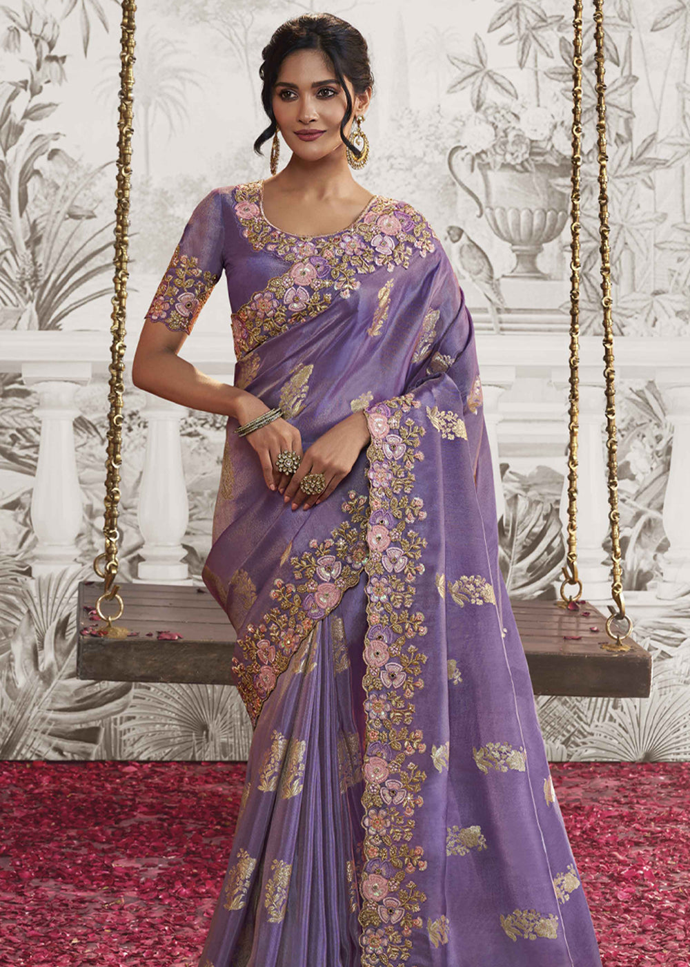 Buy MySilkLove Amethyst Purple Embroidered Designer Silk Saree Online