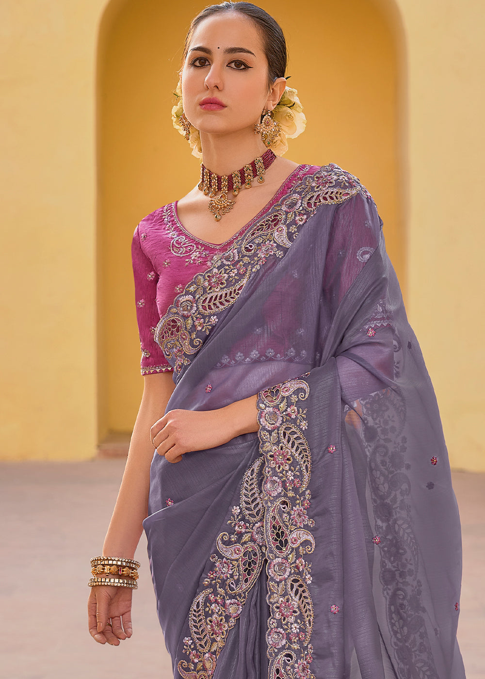 Buy MySilkLove Salt Box Grey Tissue Organza Embroidered Silk Saree Online