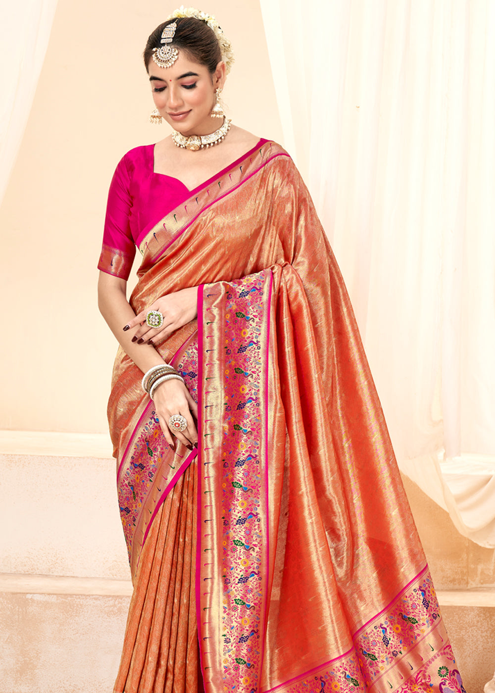 Buy MySilkLove Burnt Sienna Orange Woven Paithani Tissue Silk Saree Online