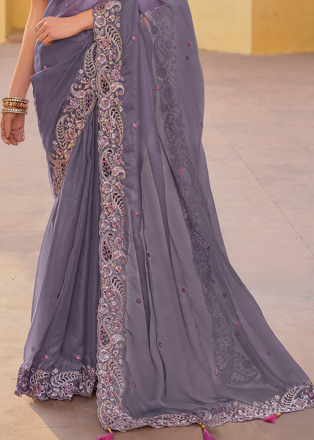 Buy MySilkLove Salt Box Grey Tissue Organza Embroidered Silk Saree Online