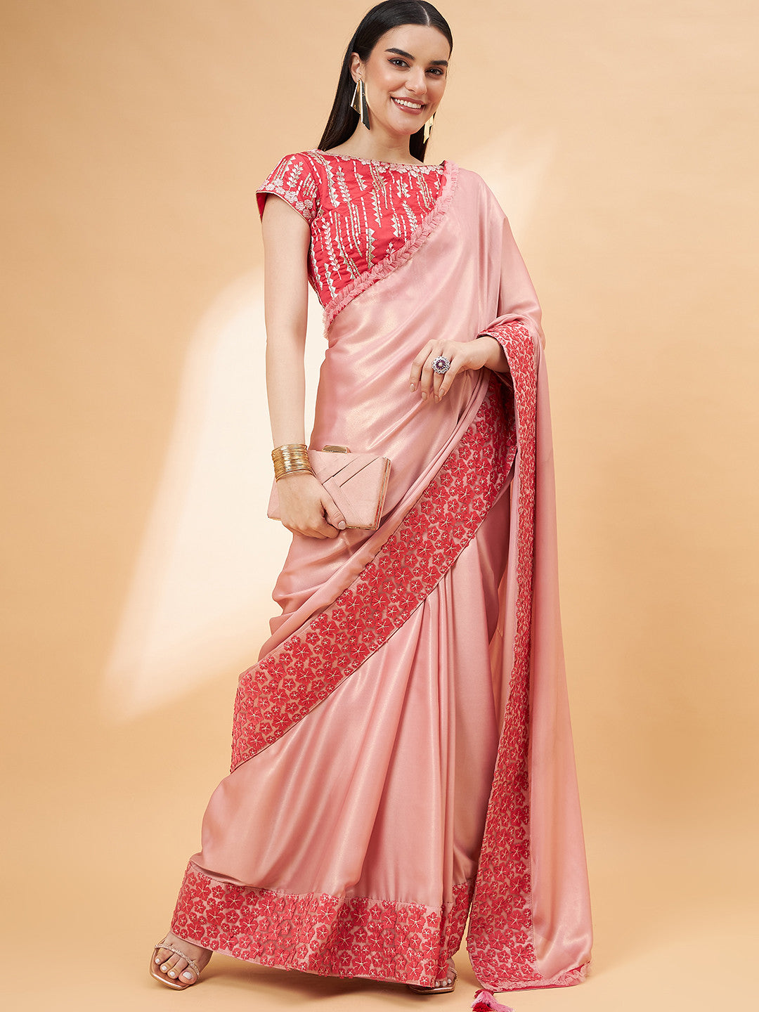 MySilkLove Shimmering Peach Georgette Designer Saree