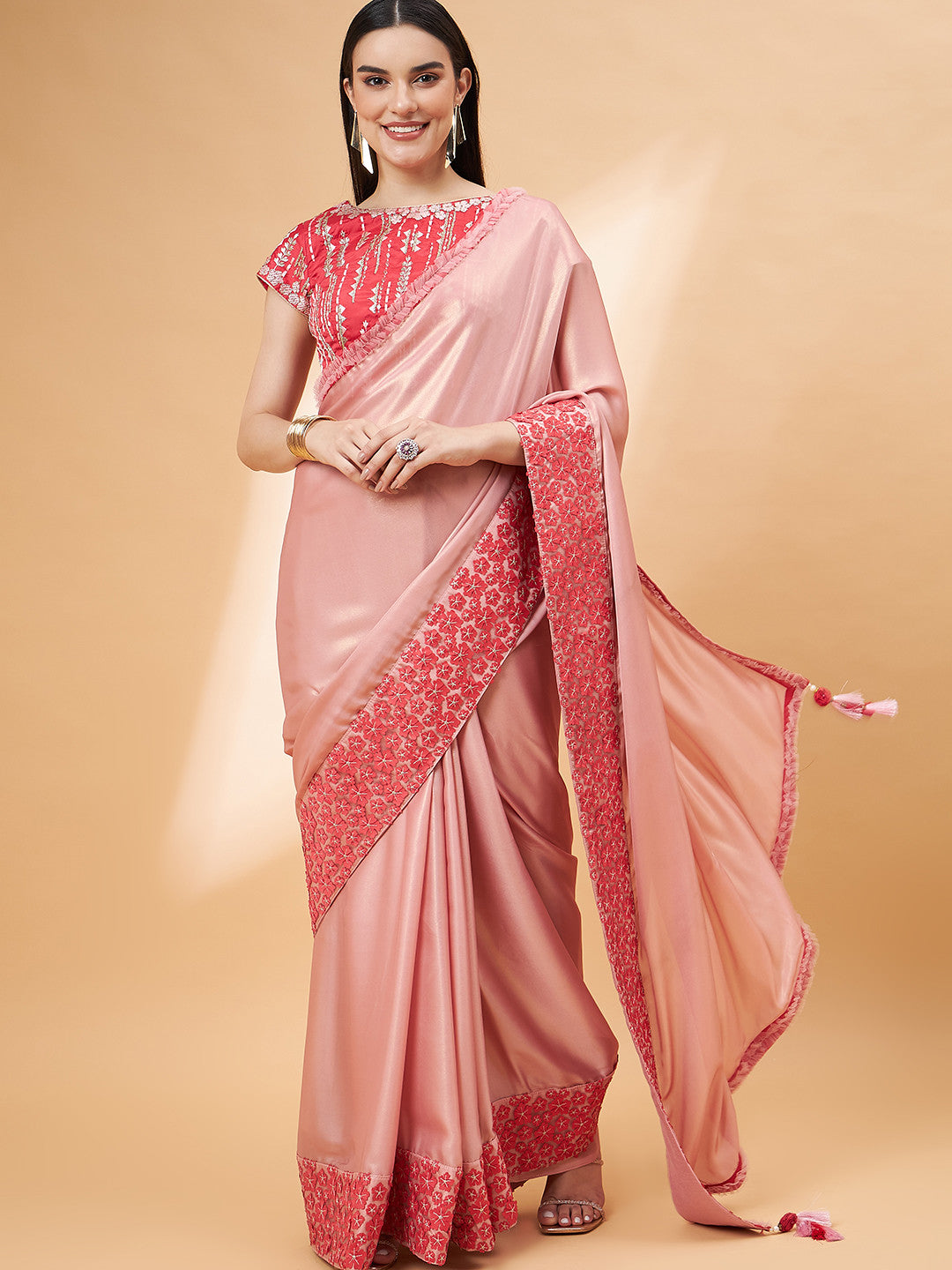 Buy MySilkLove Shimmering Peach Georgette Designer Saree Online