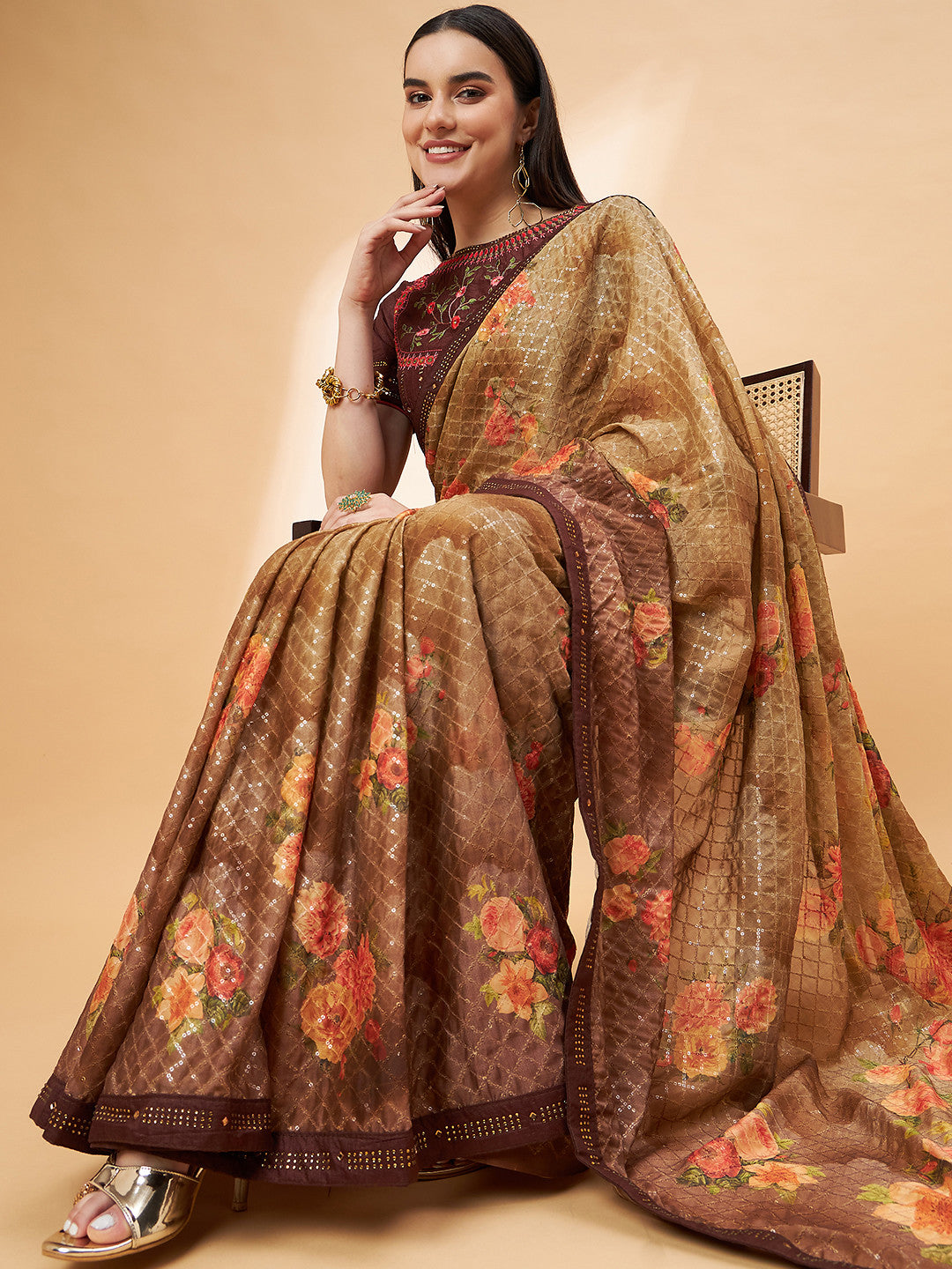 MySilkLove Pastry Brown Georgette Designer Saree