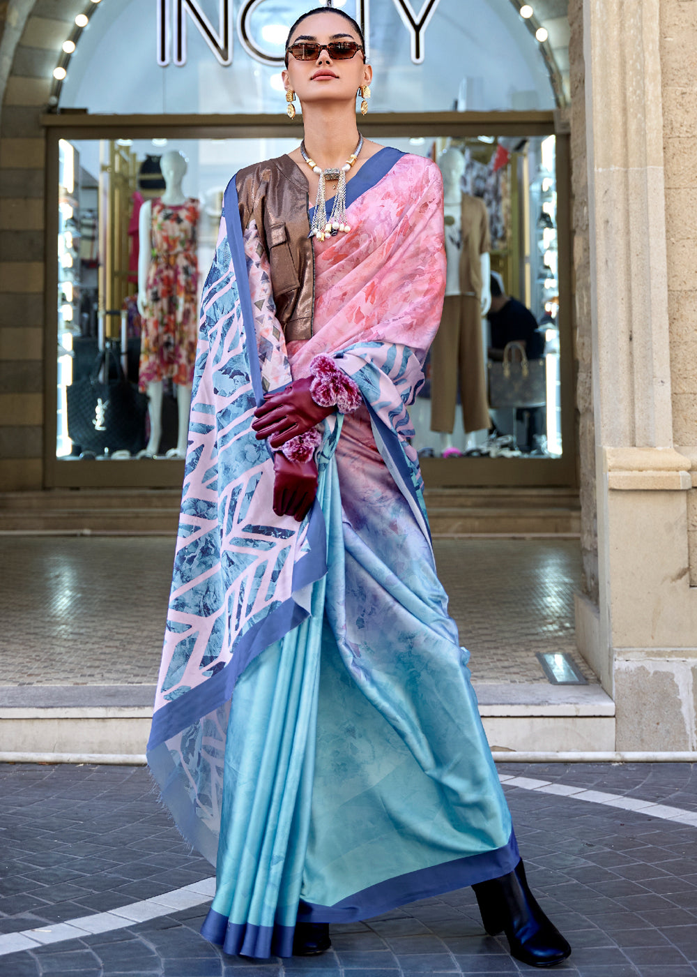 Buy MySilkLove Middle Blue and Pink Digital Printed Satin Silk Saree Online