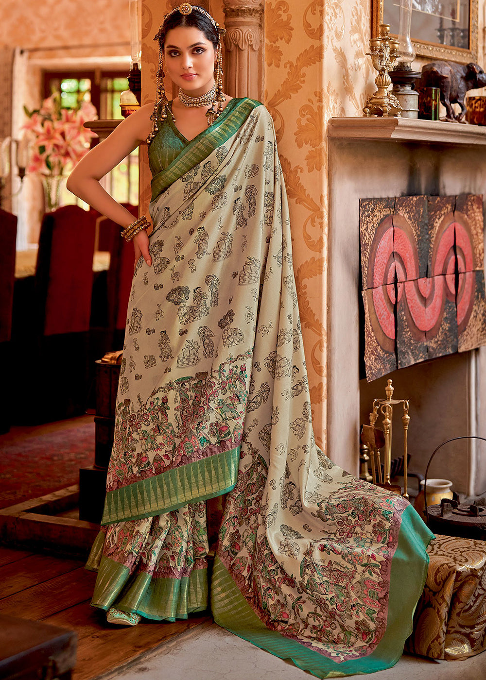 Buy MySilkLove Chino Cream and Green Manipuri Temple Printed Silk Saree Online