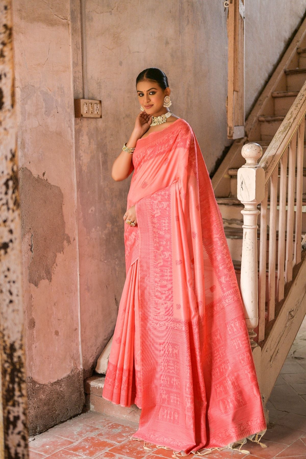 Buy MySilkLove Bittersweet Peach Handloom Banarasi Raw Silk Saree Online