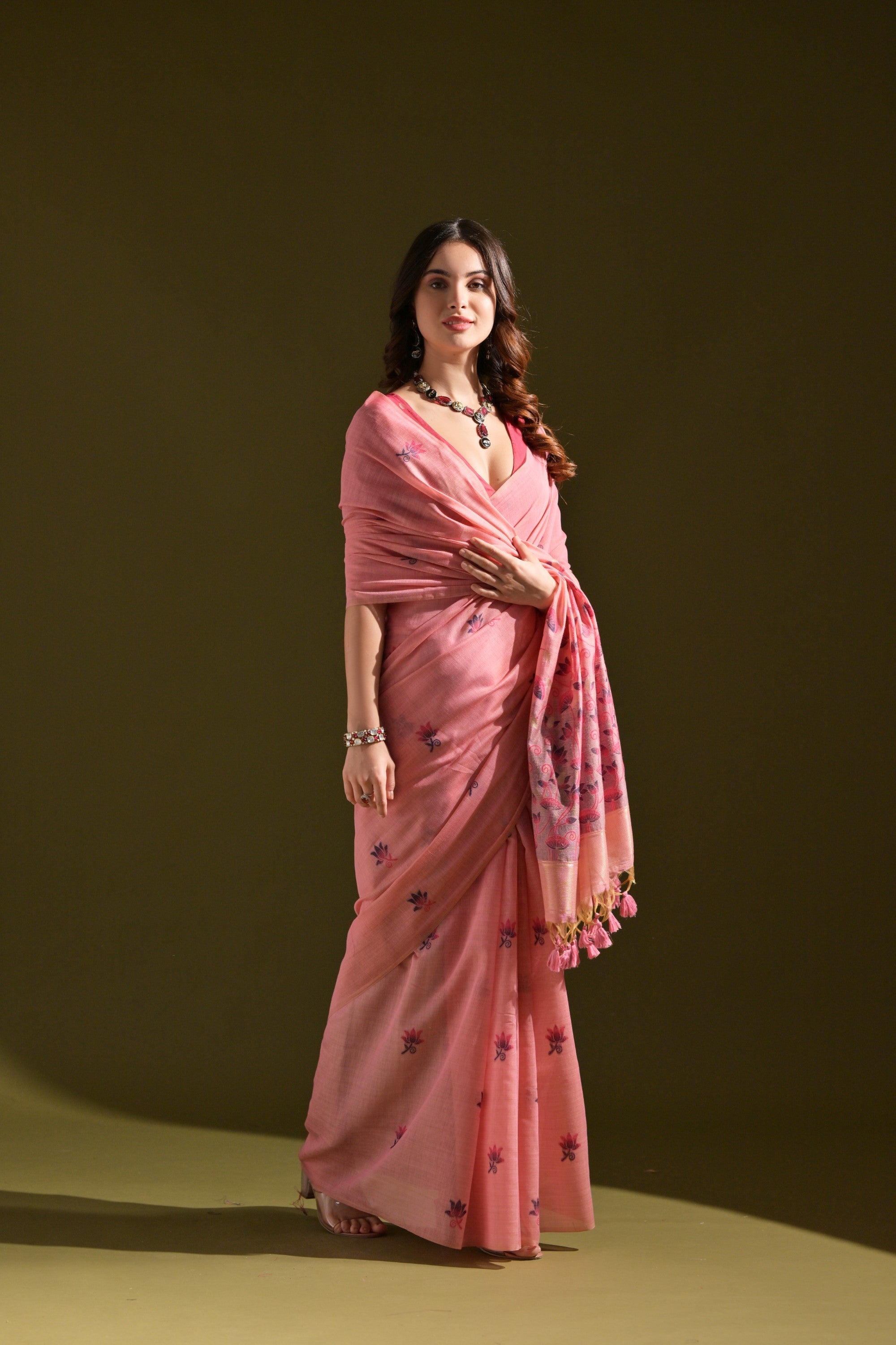 Buy MySilkLove Sea Pink Meenakari Woven Muga Cotton Saree Online