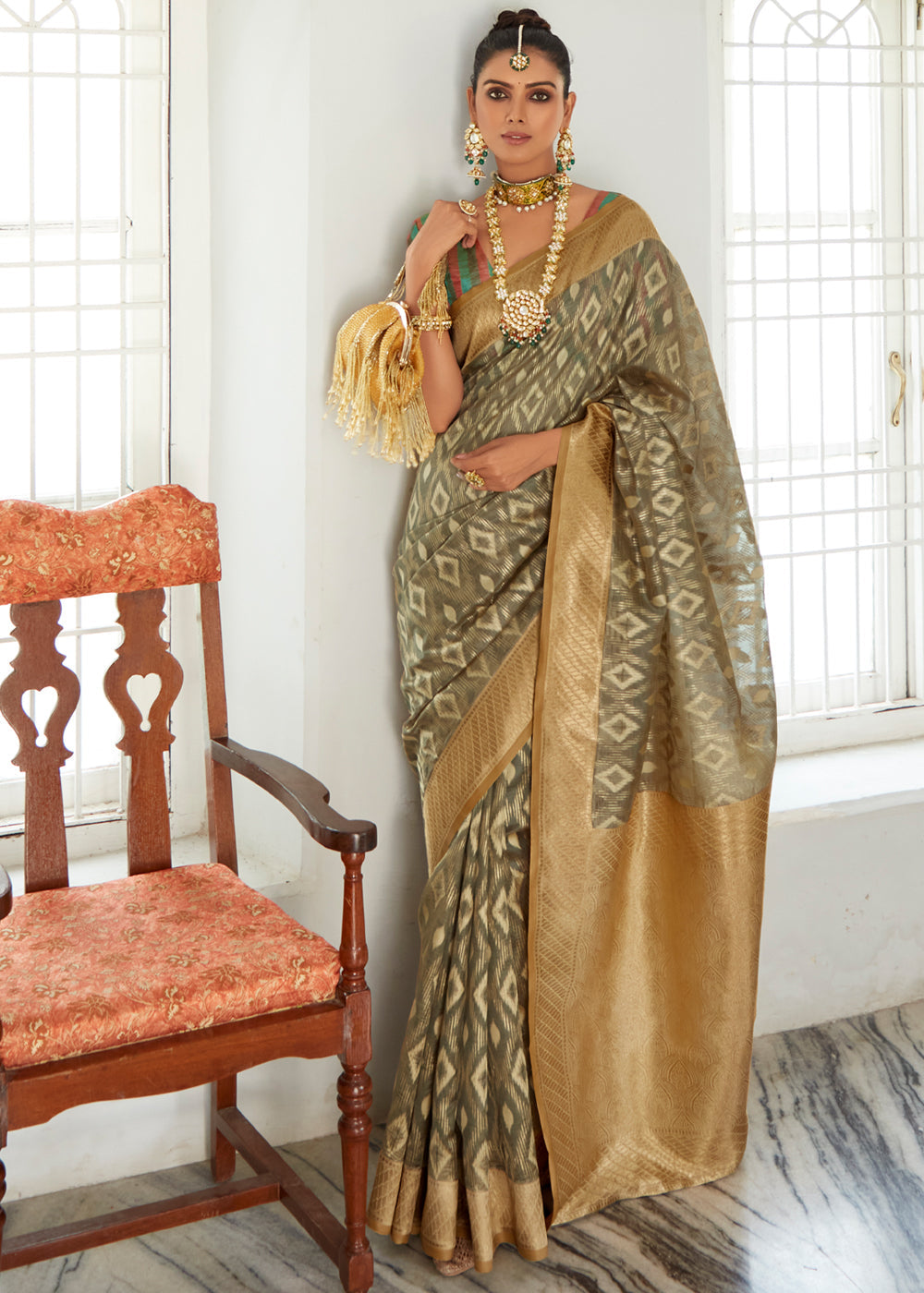 Buy MySilkLove Shadow Green Woven Banarasi Organza Silk Saree Online