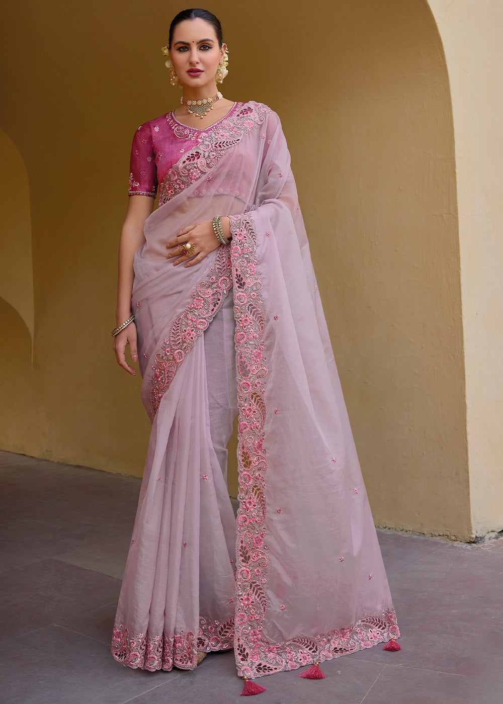 Buy MySilkLove Lily Pink Tissue Organza Embroidered Silk Saree Online