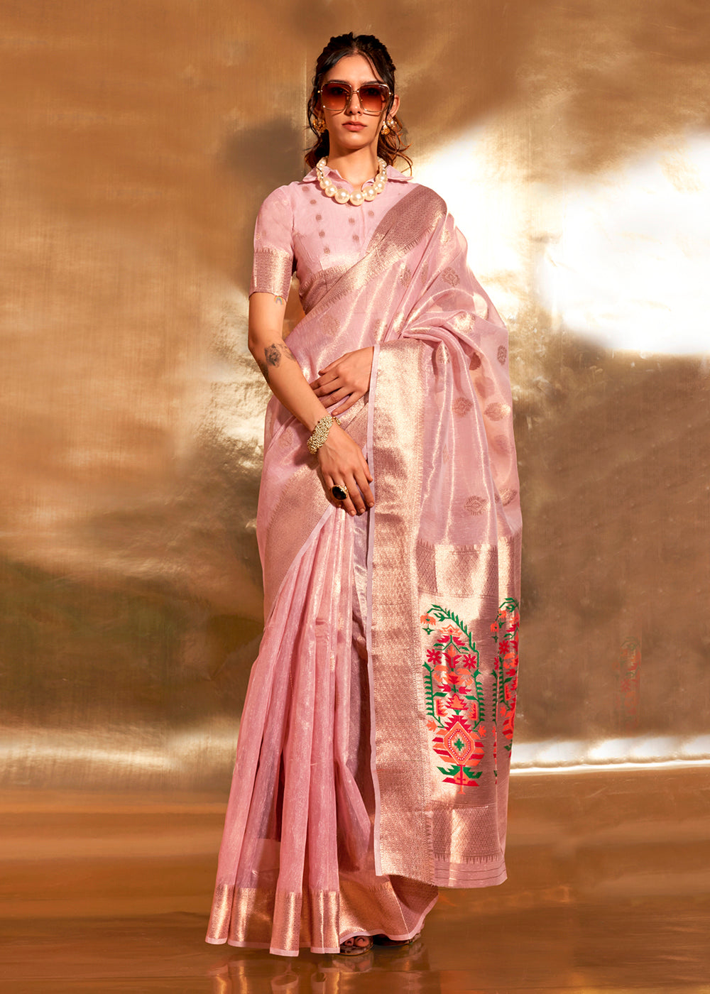 Buy MySilkLove Japonica Peach Handloom Tissue Silk Saree Online