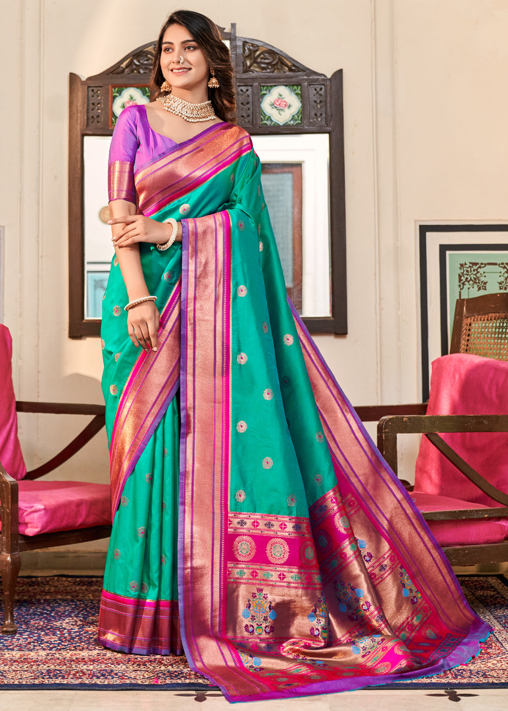Buy MySilkLove Jade Green Woven Paithani Soft Silk Saree Online