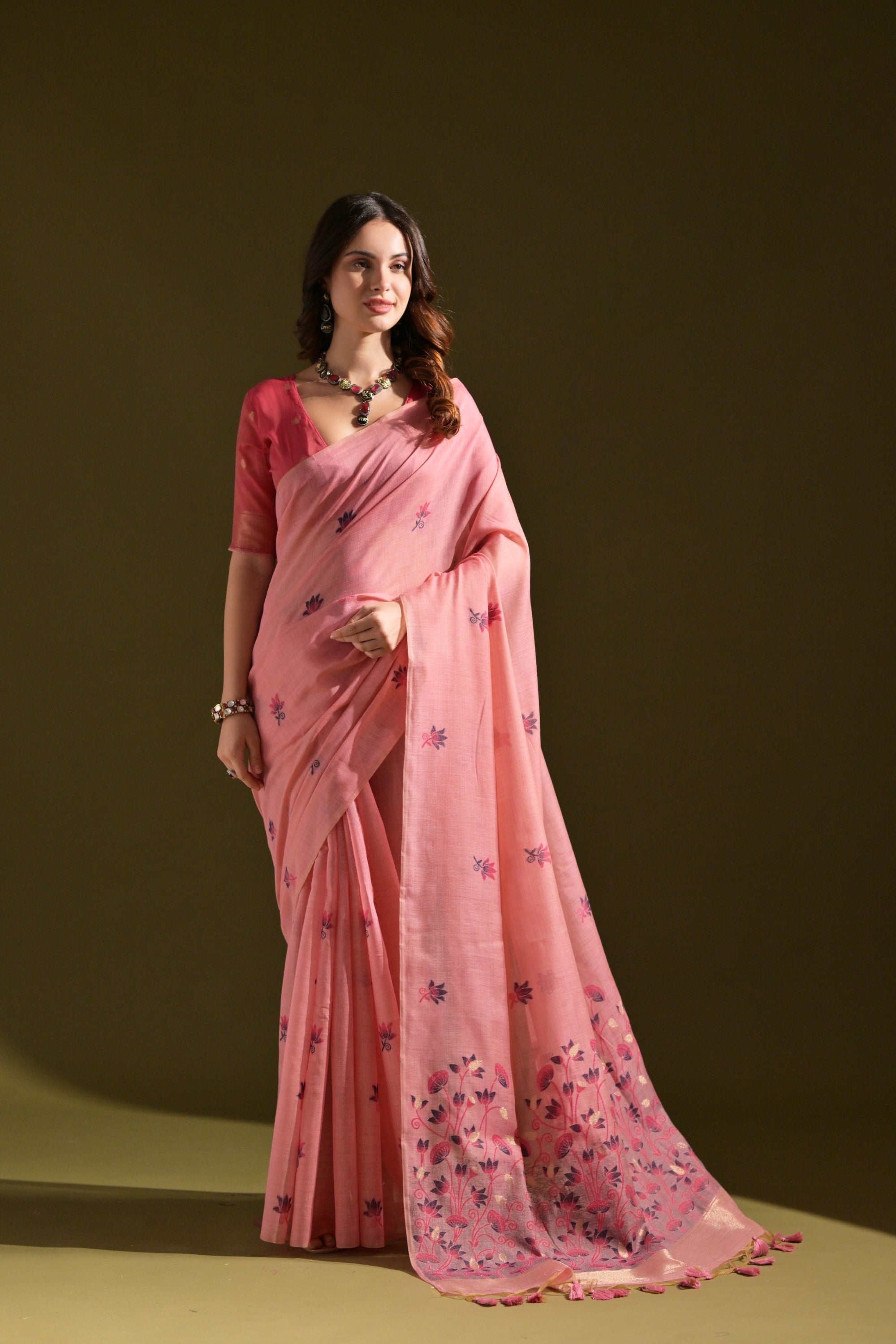 Buy MySilkLove Sea Pink Meenakari Woven Muga Cotton Saree Online