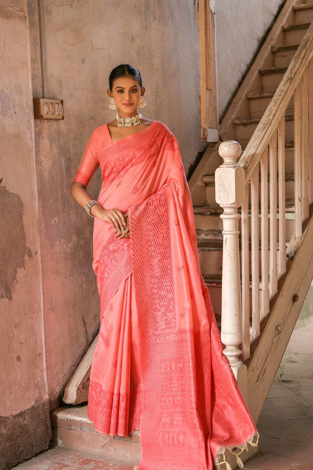 MySilkLove Bittersweet Peach Handloom Banarasi Raw Silk Saree