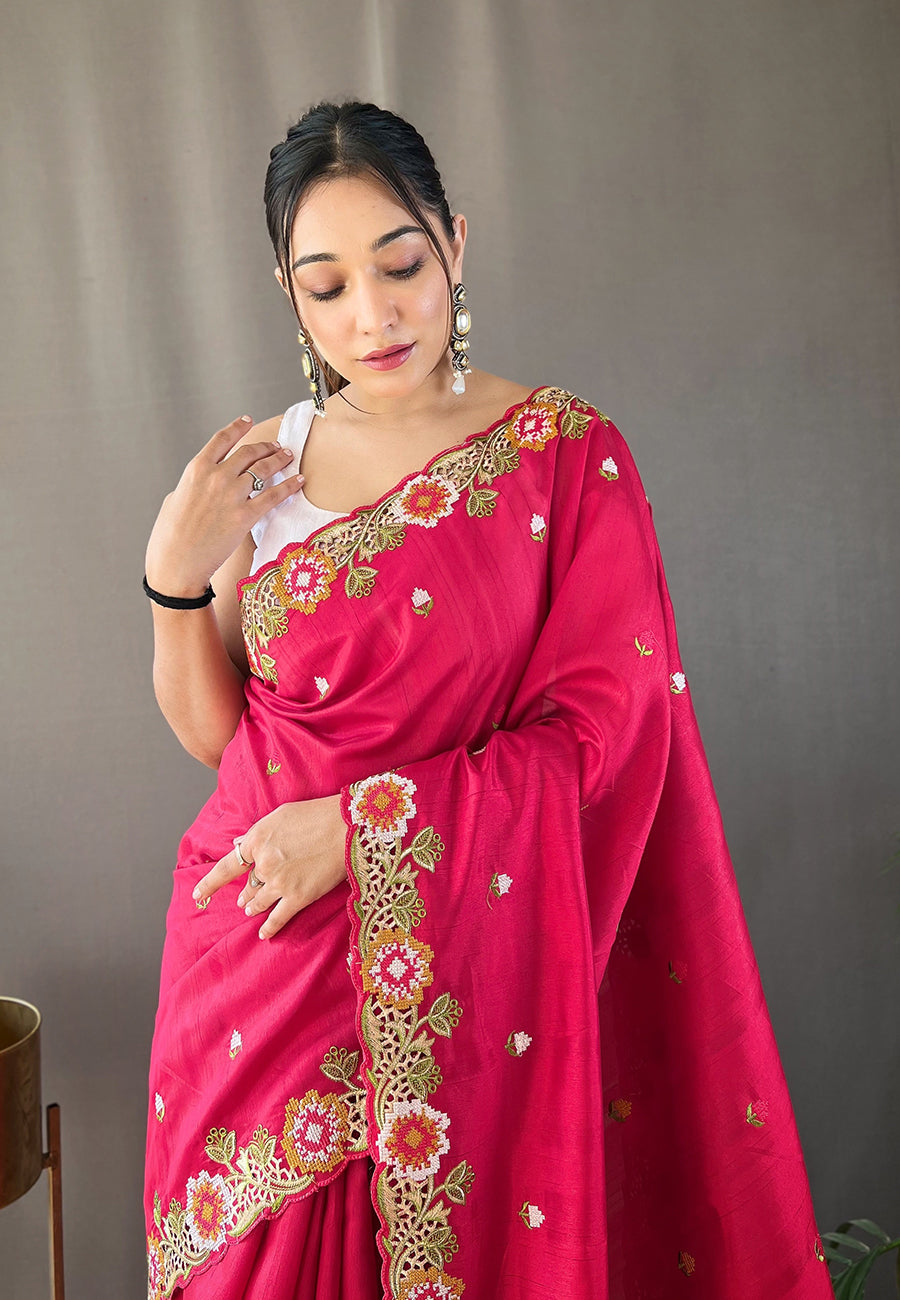 Buy MySilkLove Sasquatch Socks Pink Embroidered Tussar Silk Saree Online