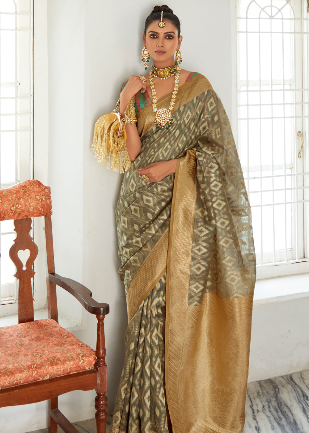 Buy MySilkLove Shadow Green Woven Banarasi Organza Silk Saree Online