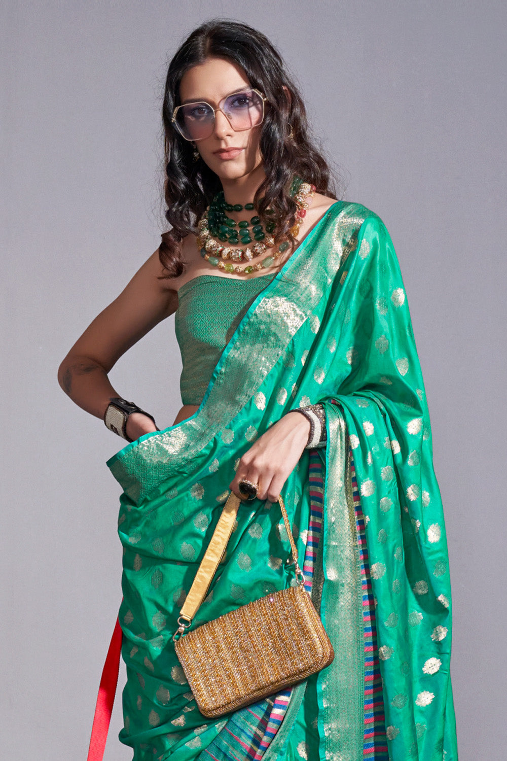 Buy MySilkLove Niagara Green Banarasi Handloom Temple Border Silk Saree Online