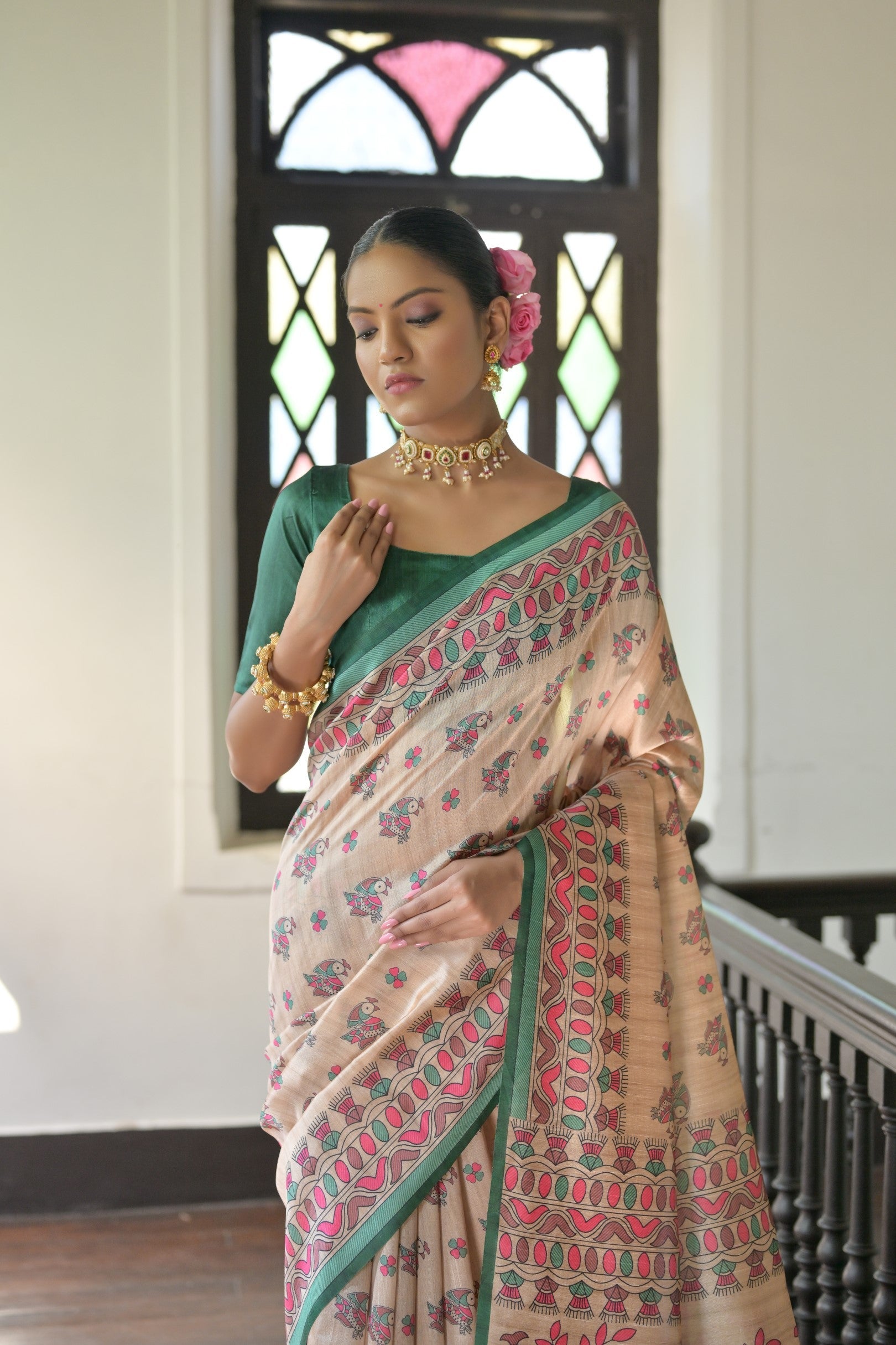 MySilkLove Almond Cream and Green Madhubani Printed Tussar Silk Saree