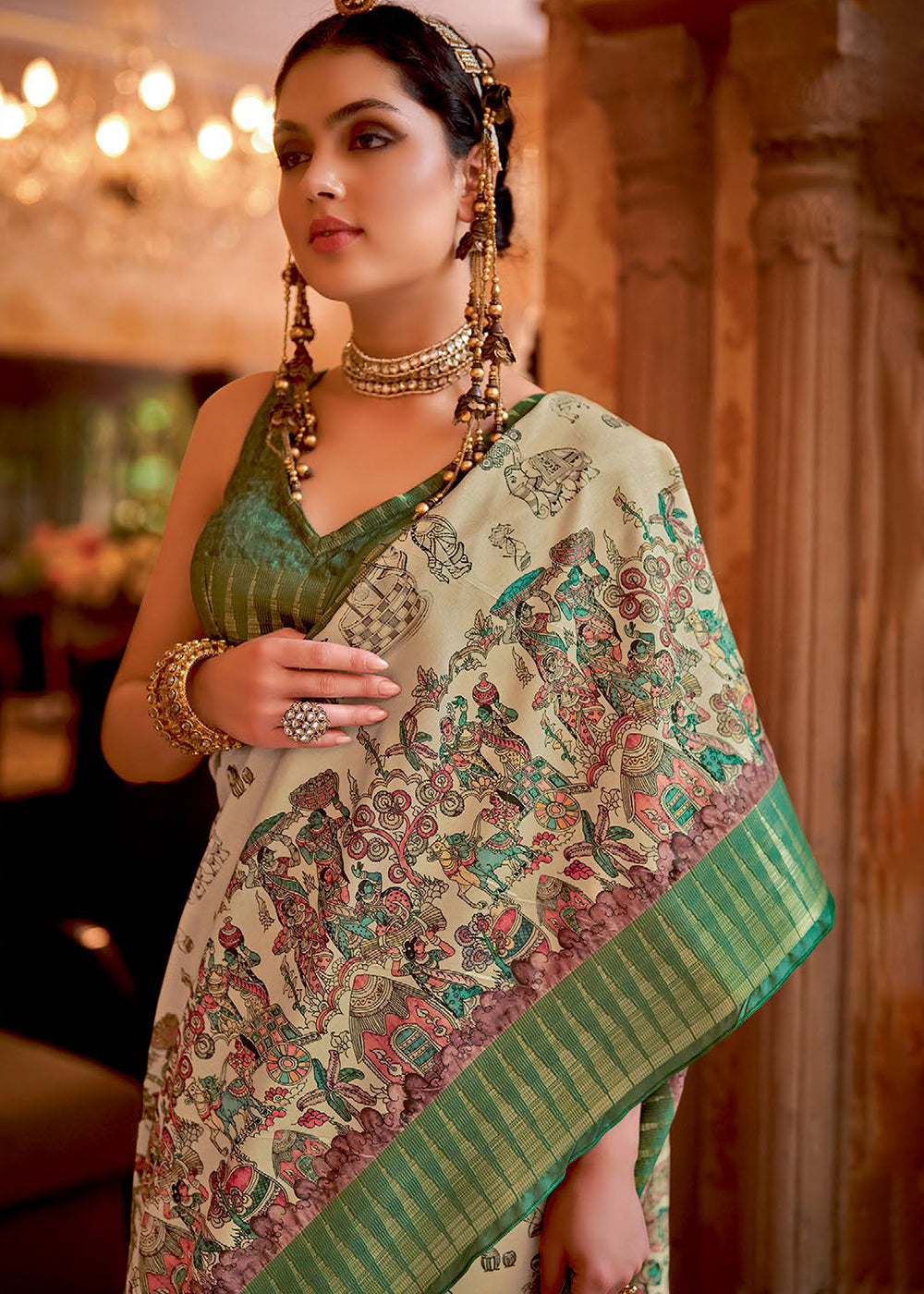 Buy MySilkLove Chino Cream and Green Manipuri Temple Printed Silk Saree Online