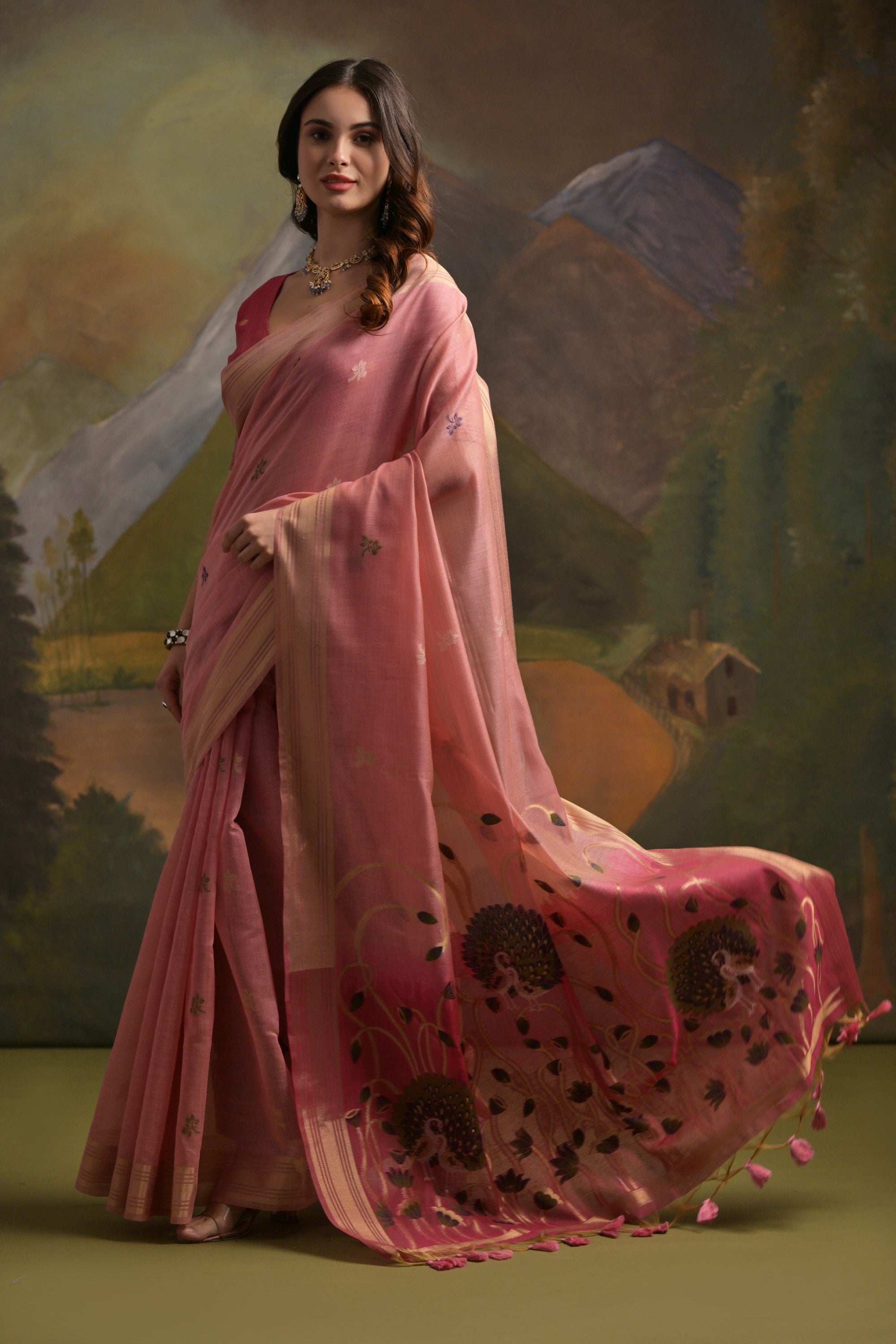 Buy MySilkLove China Rose Pink Pichwai Woven Muga Cotton Saree Online