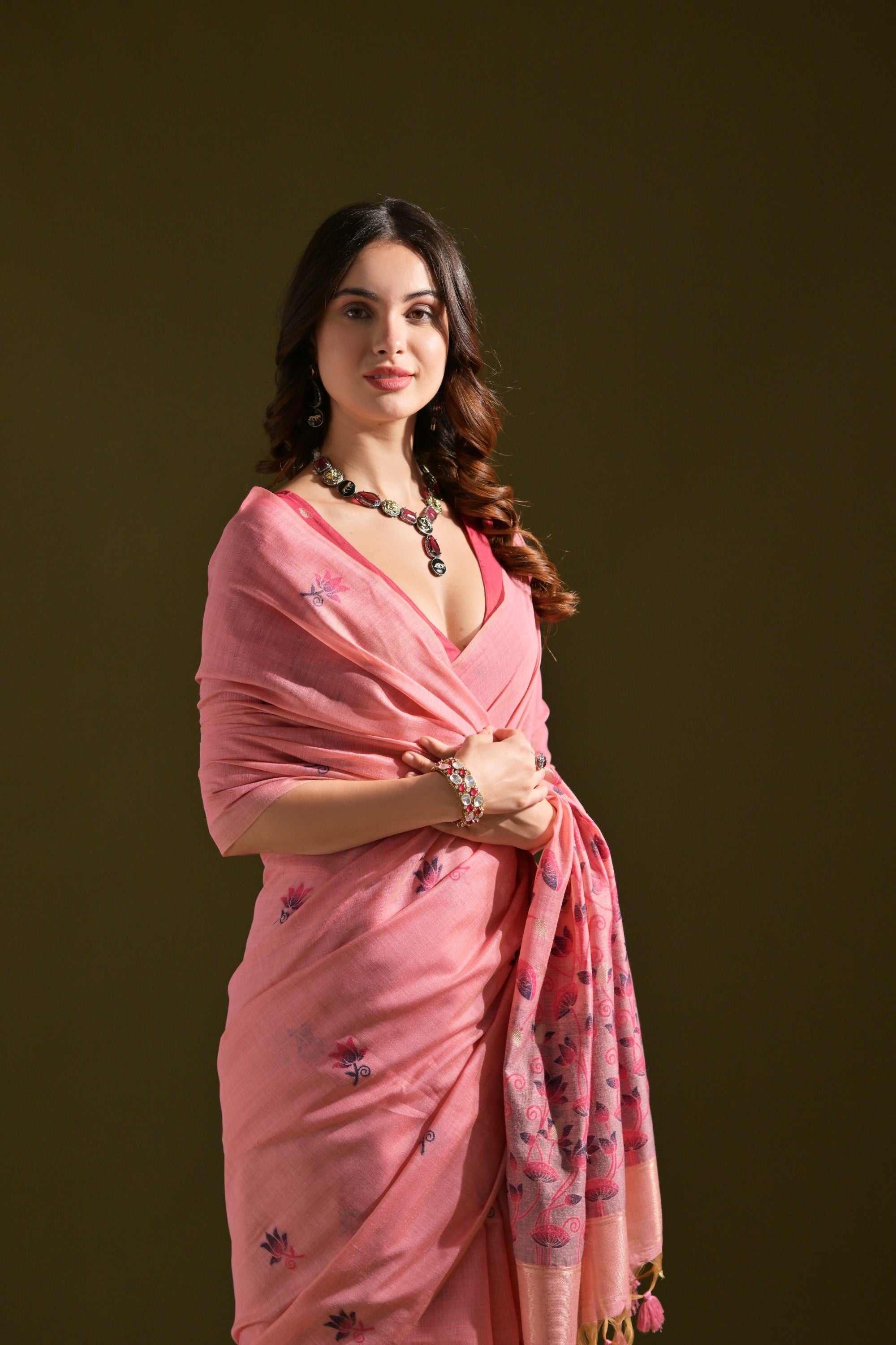 Buy MySilkLove Sea Pink Meenakari Woven Muga Cotton Saree Online