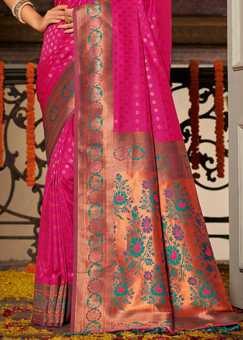 Buy MySilkLove Pink and Green Woven Banarasi Silk Saree Online