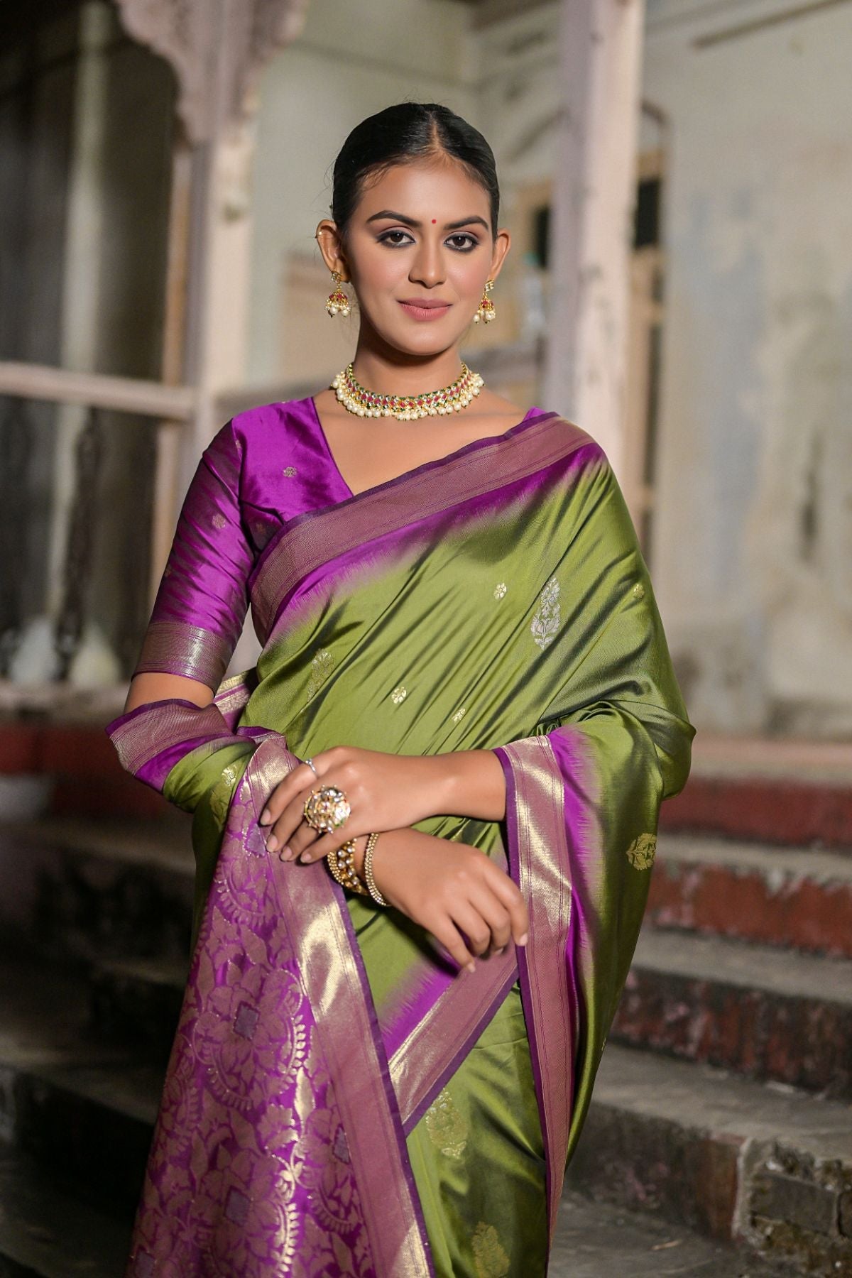 Buy MySilkLove Barley Corn Green Banarasi Soft Silk Saree Online