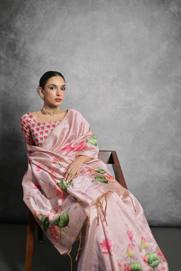 Pink Sherbert Floral Printed Tussar Silk Saree