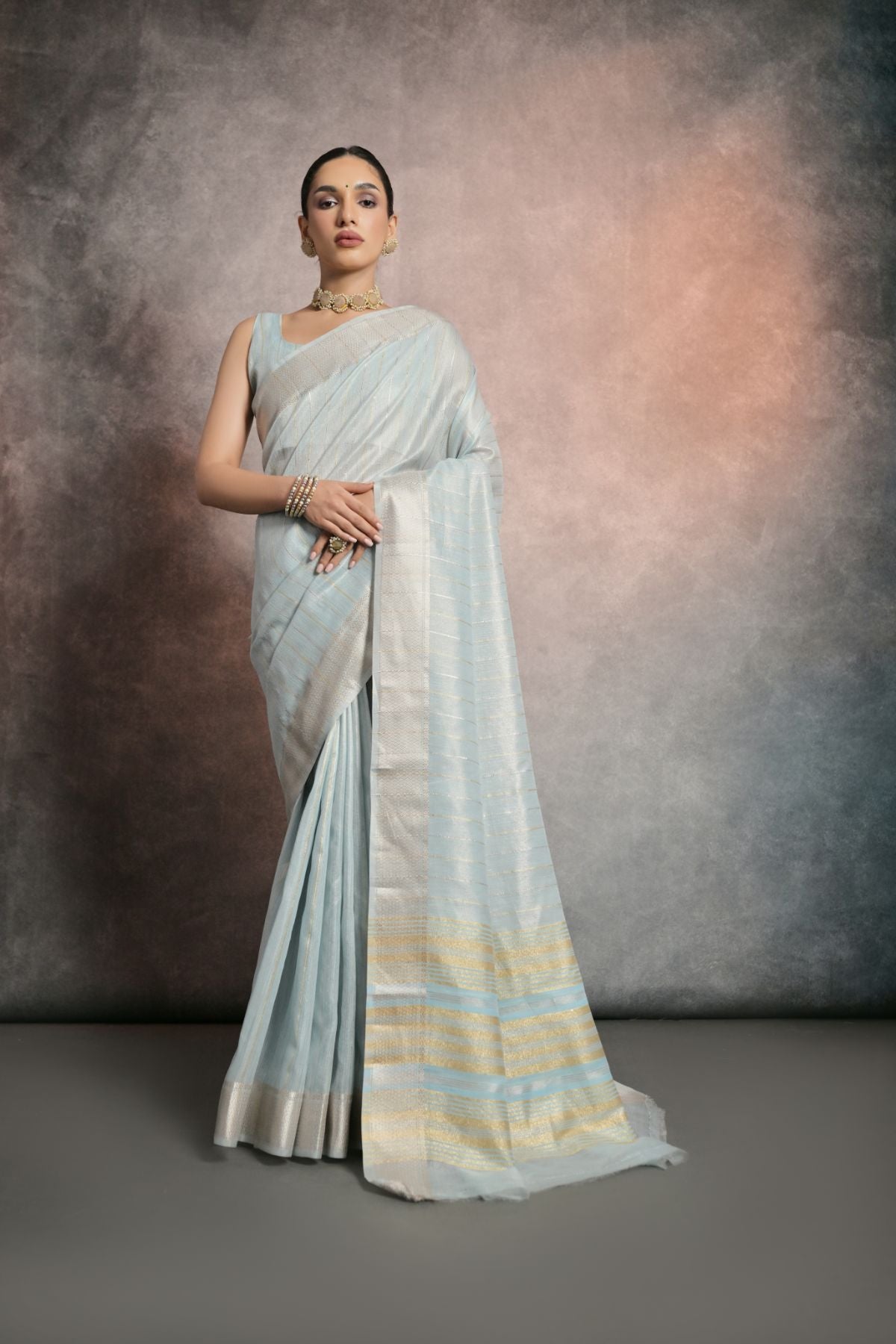 Buy MySilkLove Celeste Blue Tissue Cotton Saree Online