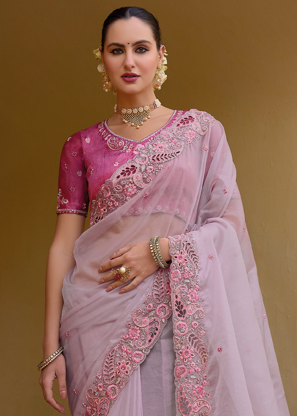 Buy MySilkLove Lily Pink Tissue Organza Embroidered Silk Saree Online