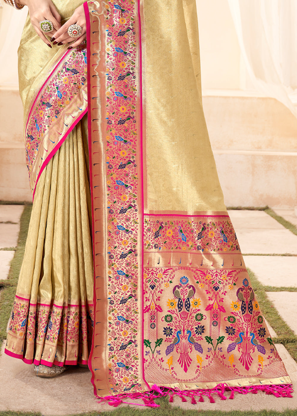 Buy MySilkLove Laser Golden Woven Paithani Tissue Silk Saree Online