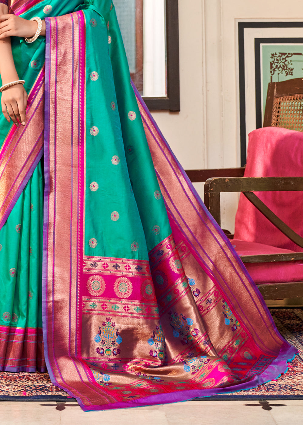 Buy MySilkLove Jade Green Woven Paithani Soft Silk Saree Online