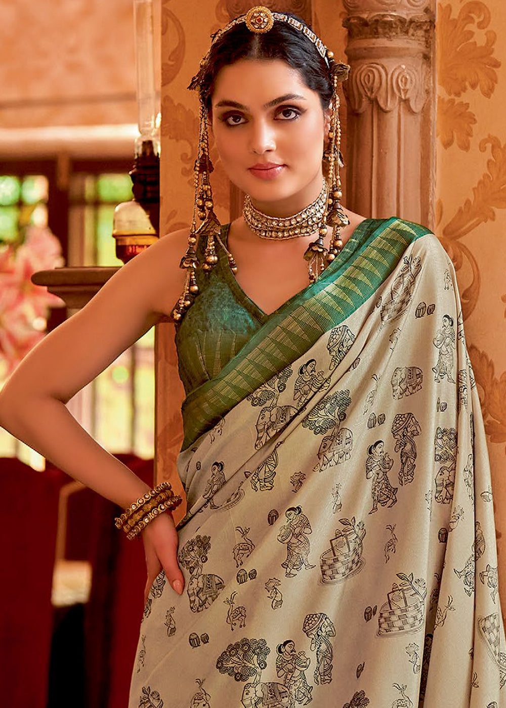 Buy MySilkLove Chino Cream and Green Manipuri Temple Printed Silk Saree Online