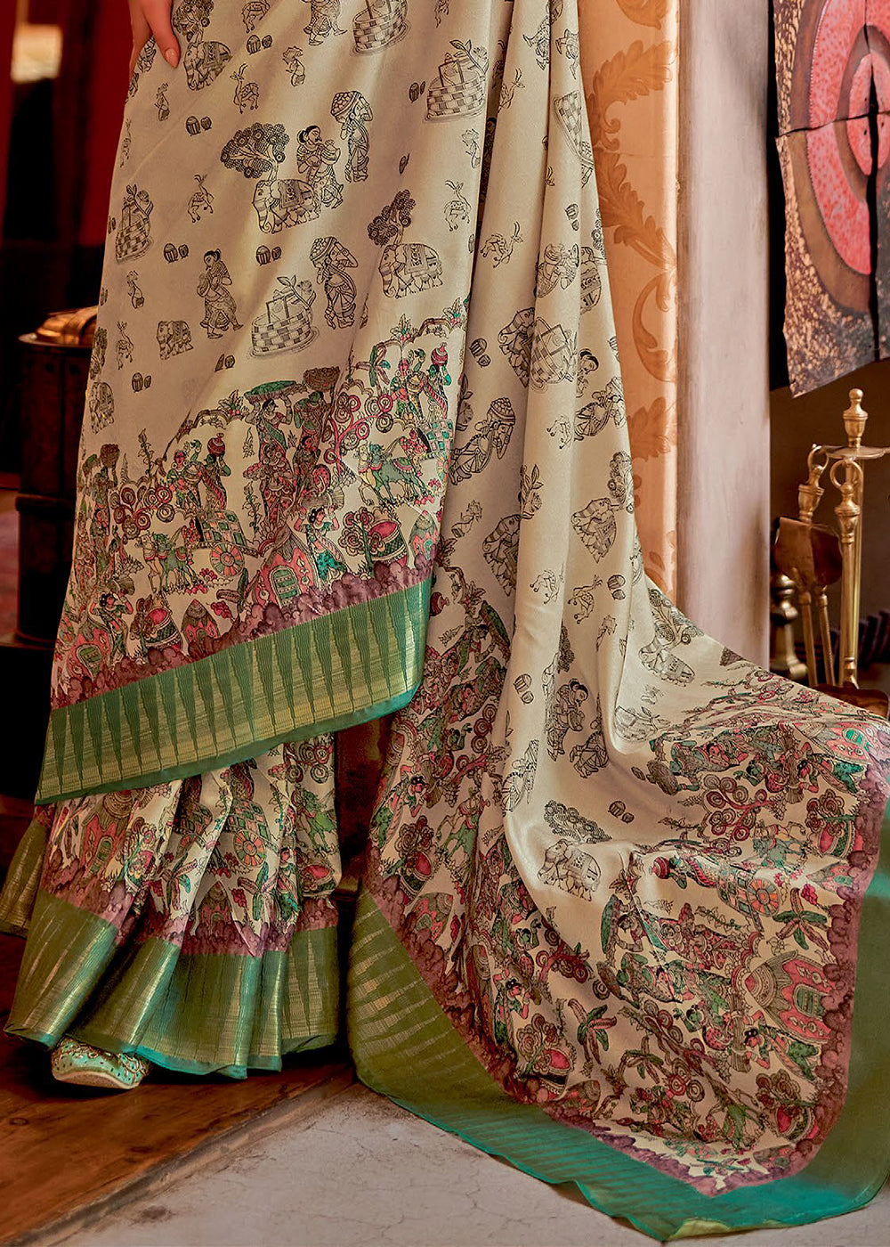 Buy MySilkLove Chino Cream and Green Manipuri Temple Printed Silk Saree Online