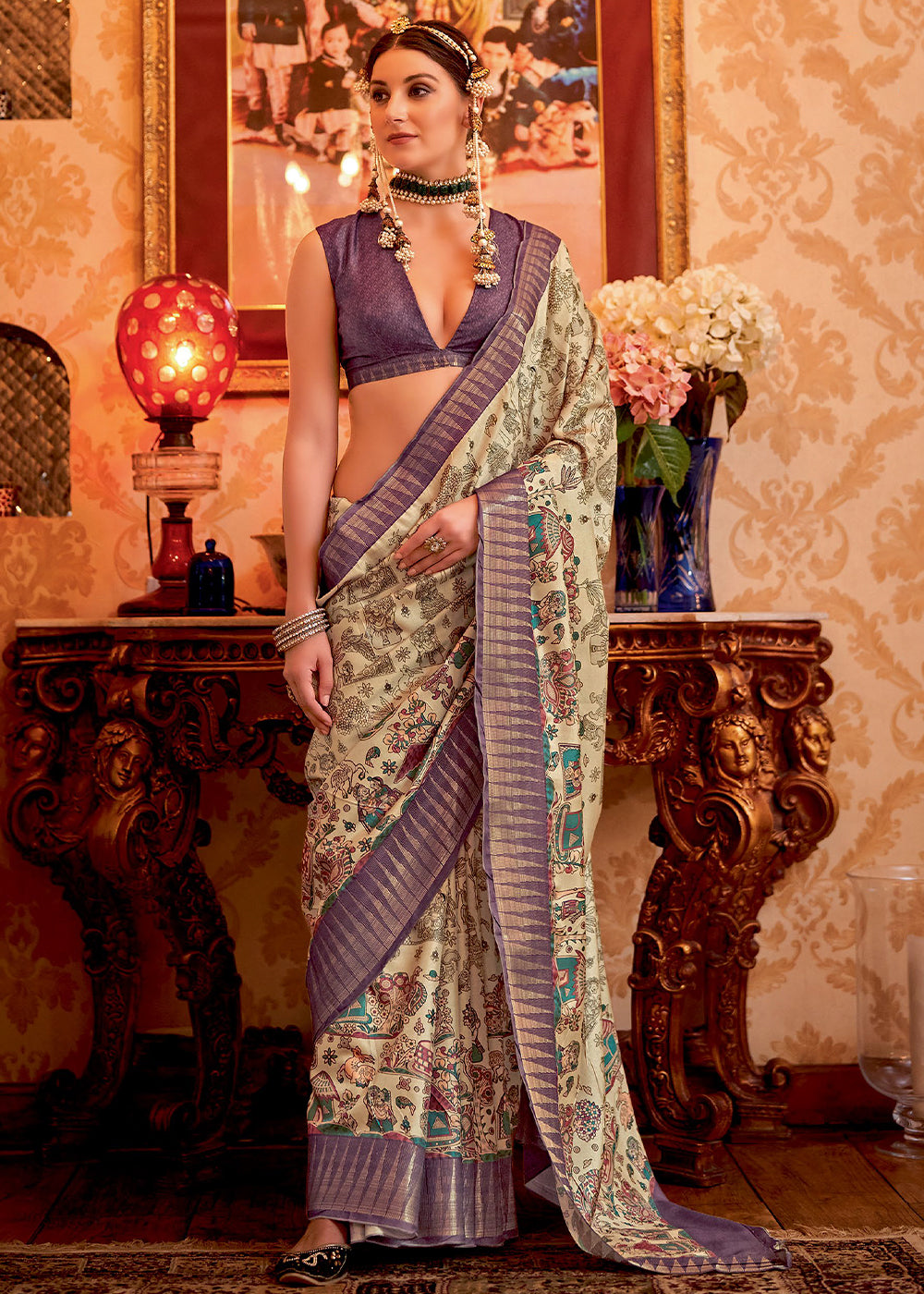 Buy MySilkLove Clime Cream and Purple Manipuri Temple Printed Silk Saree Online